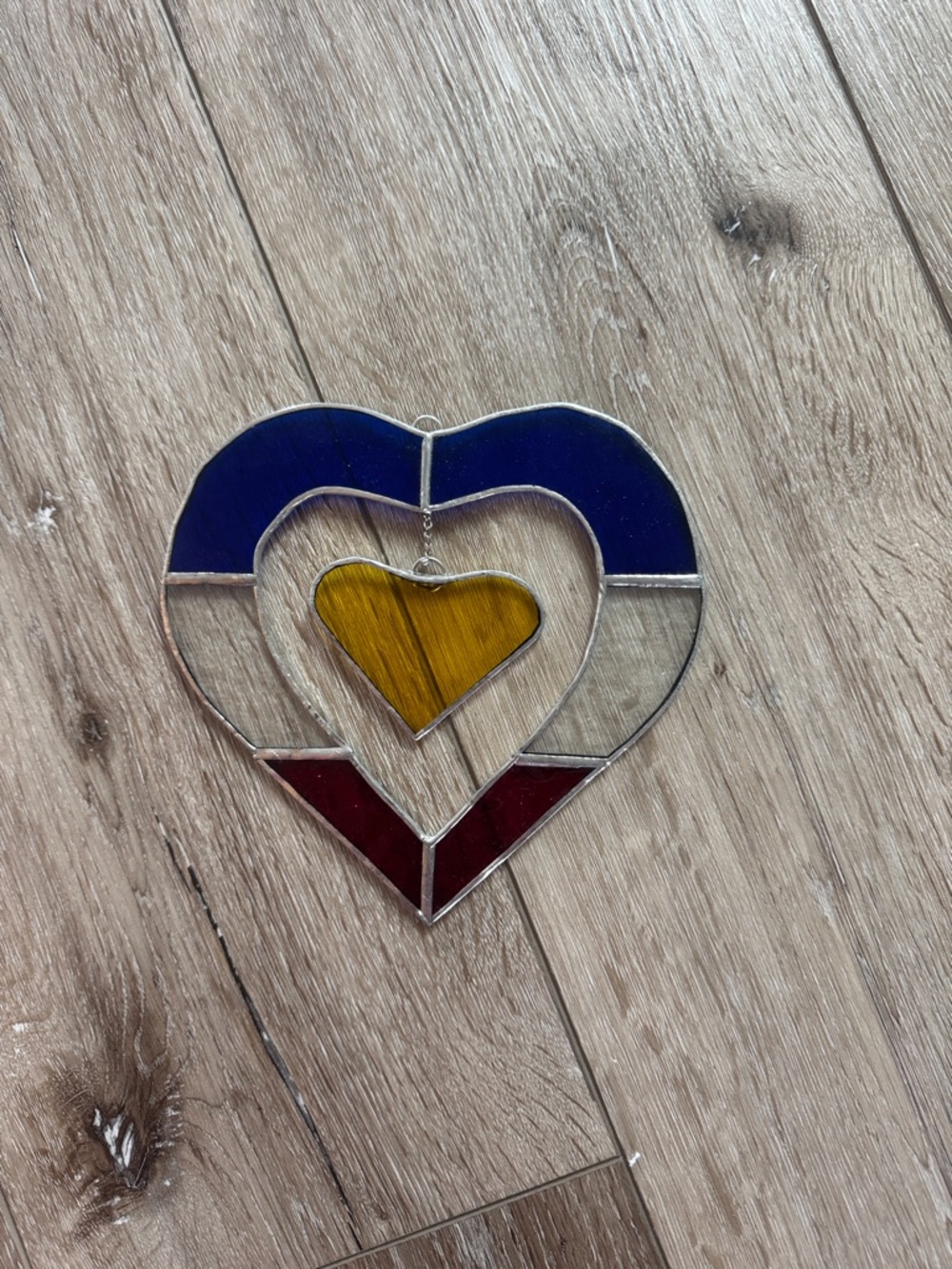 Handmade Stained Glass Heart Suncatcher - Blue, Red & Yellow